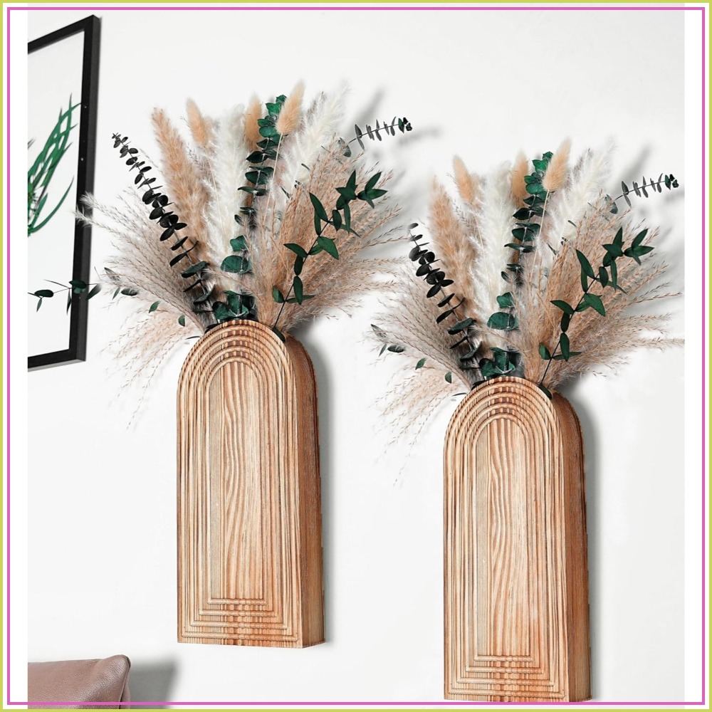 Set of 2 Wooden Vases with Pam - Pampas Grass Decor ulasan dan harga