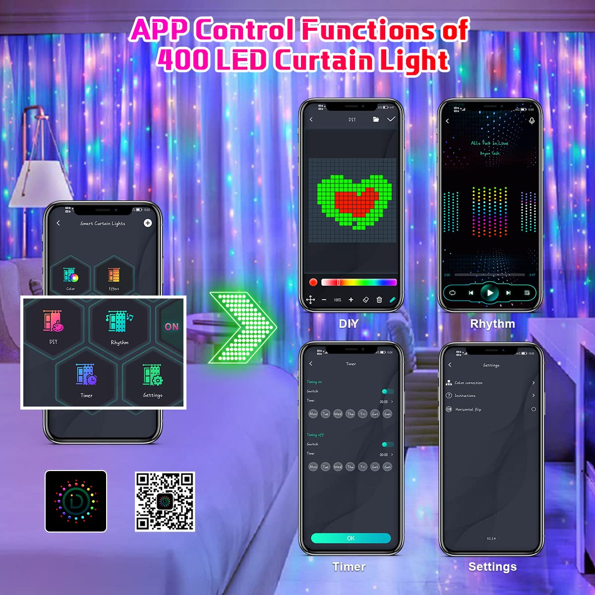 400LEDs RGBIC Smart Curtain Li - Home Decor Free App ulasan dan harga